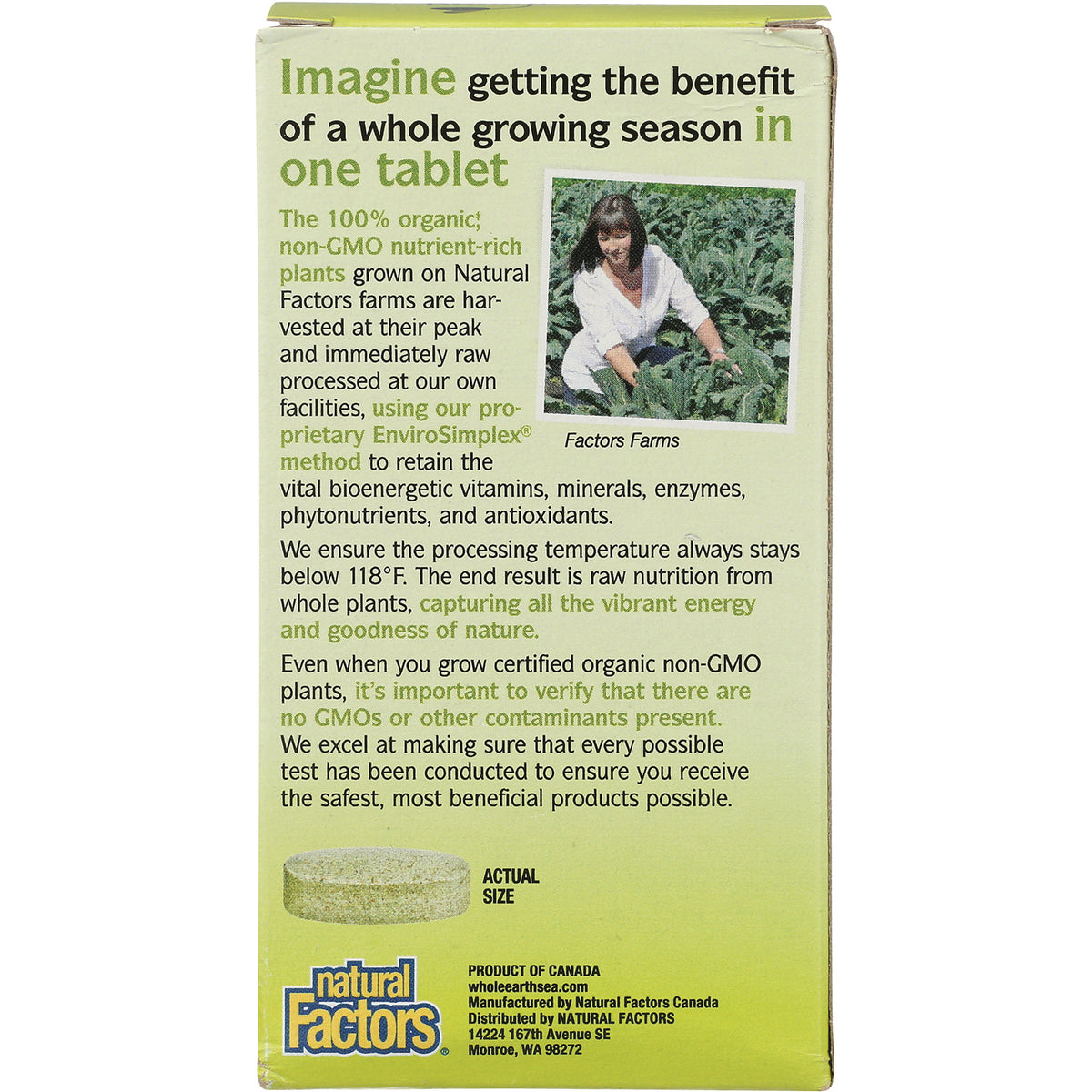 NFC177 | product infographic with text about organic whole-plant tablet, farm photo and actual-size tablet illustration