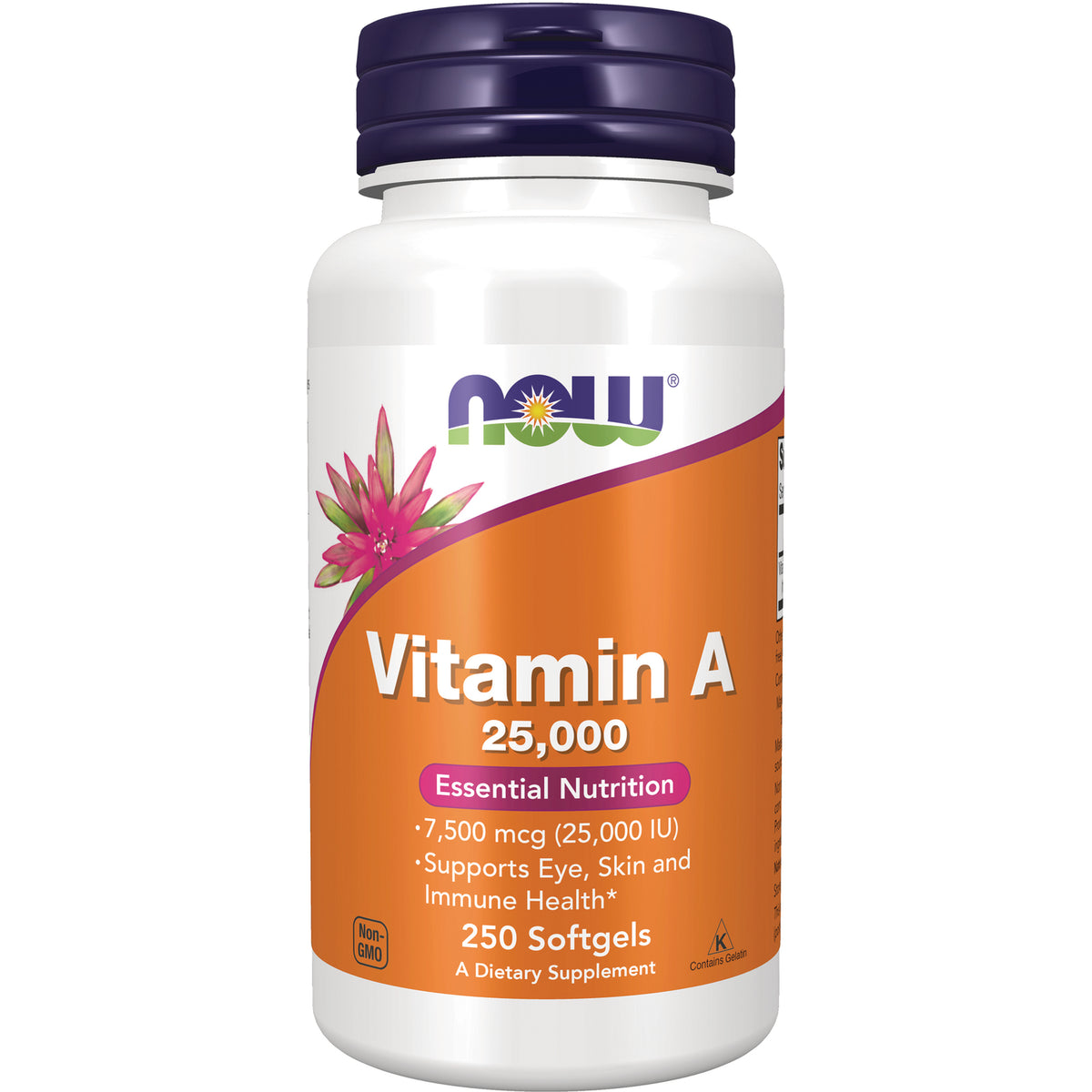 NWF364 | NOW Vitamin A 25,000 bottle with orange label, 250 softgels