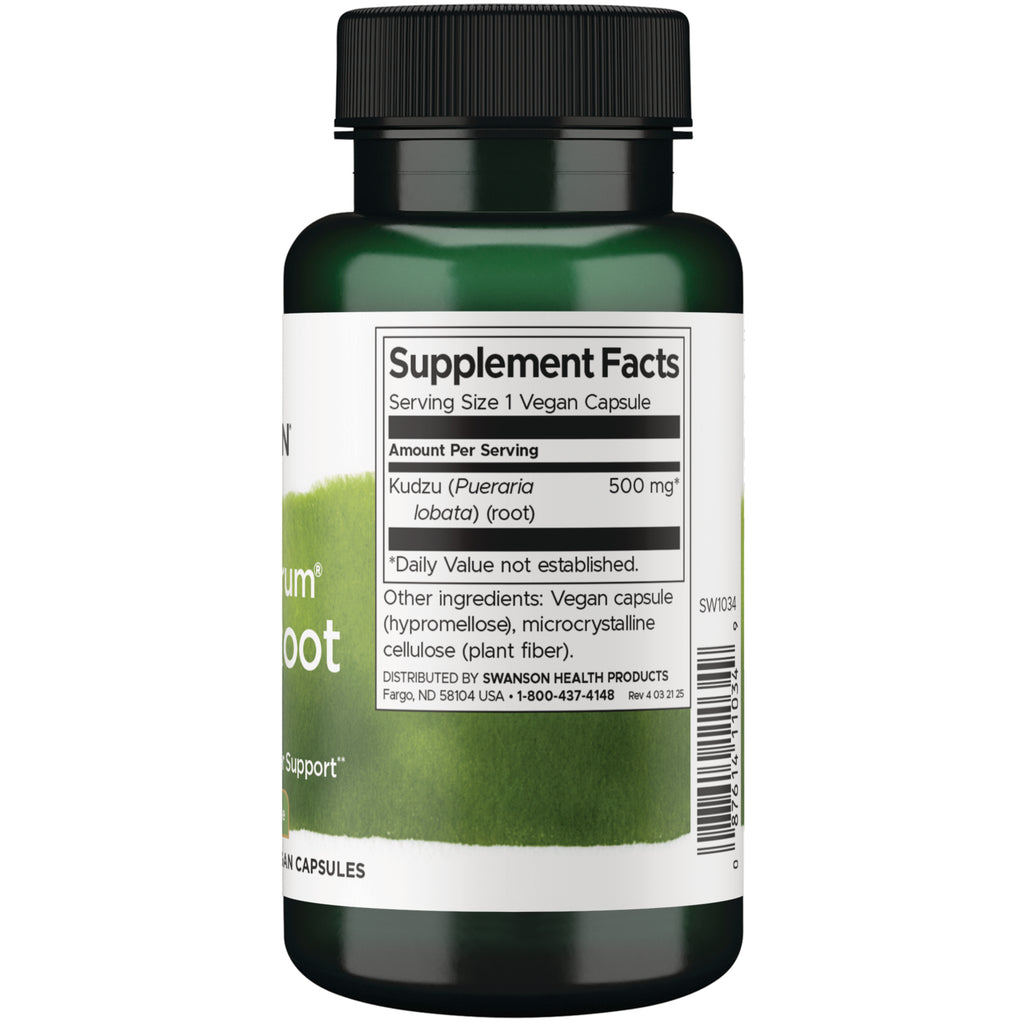 SW1034 | Supplement Facts panel showing Kudzu root 500 mg, serving size 1 vegan capsule - Thumbnail