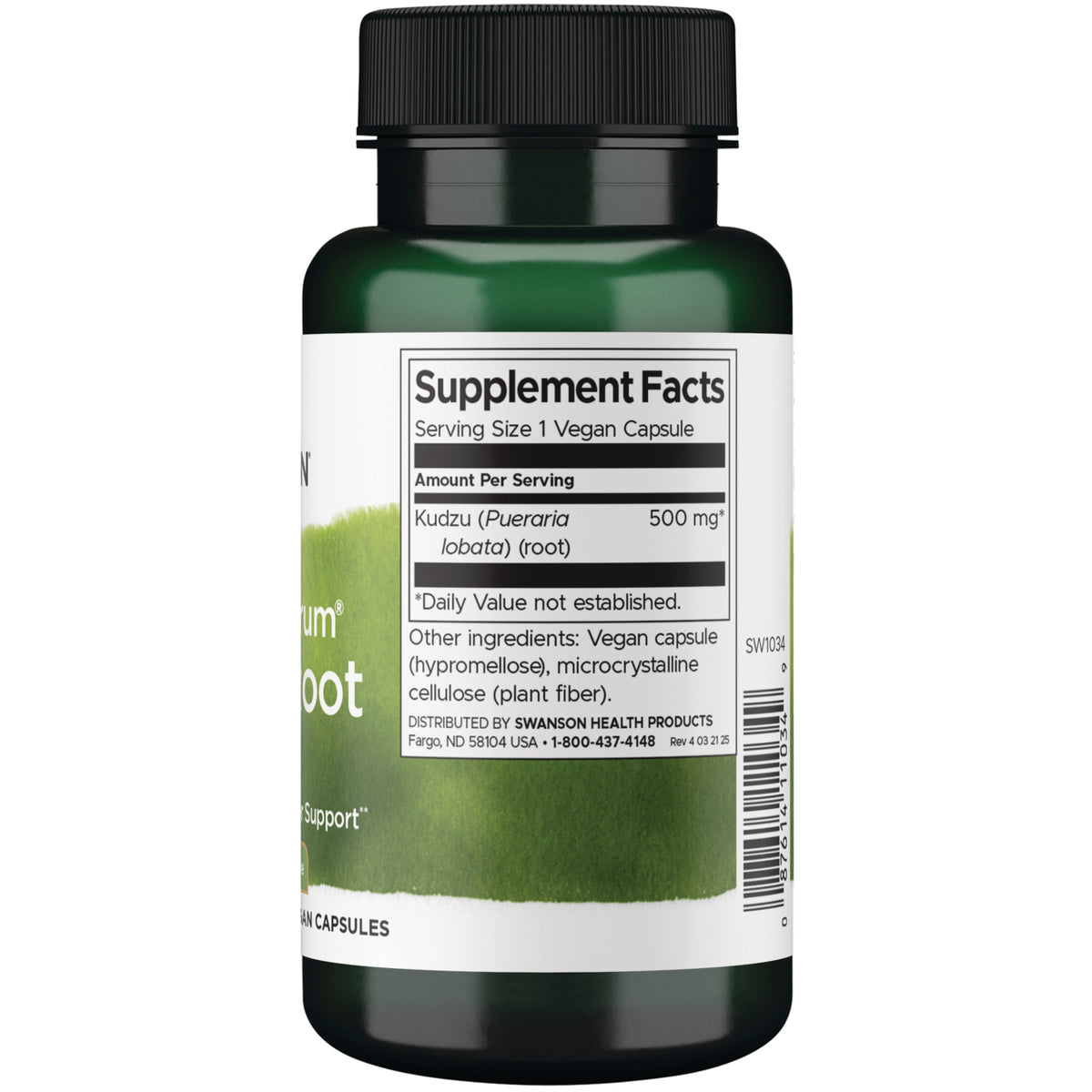SW1034 | Supplement Facts panel showing Kudzu root 500 mg, serving size 1 vegan capsule