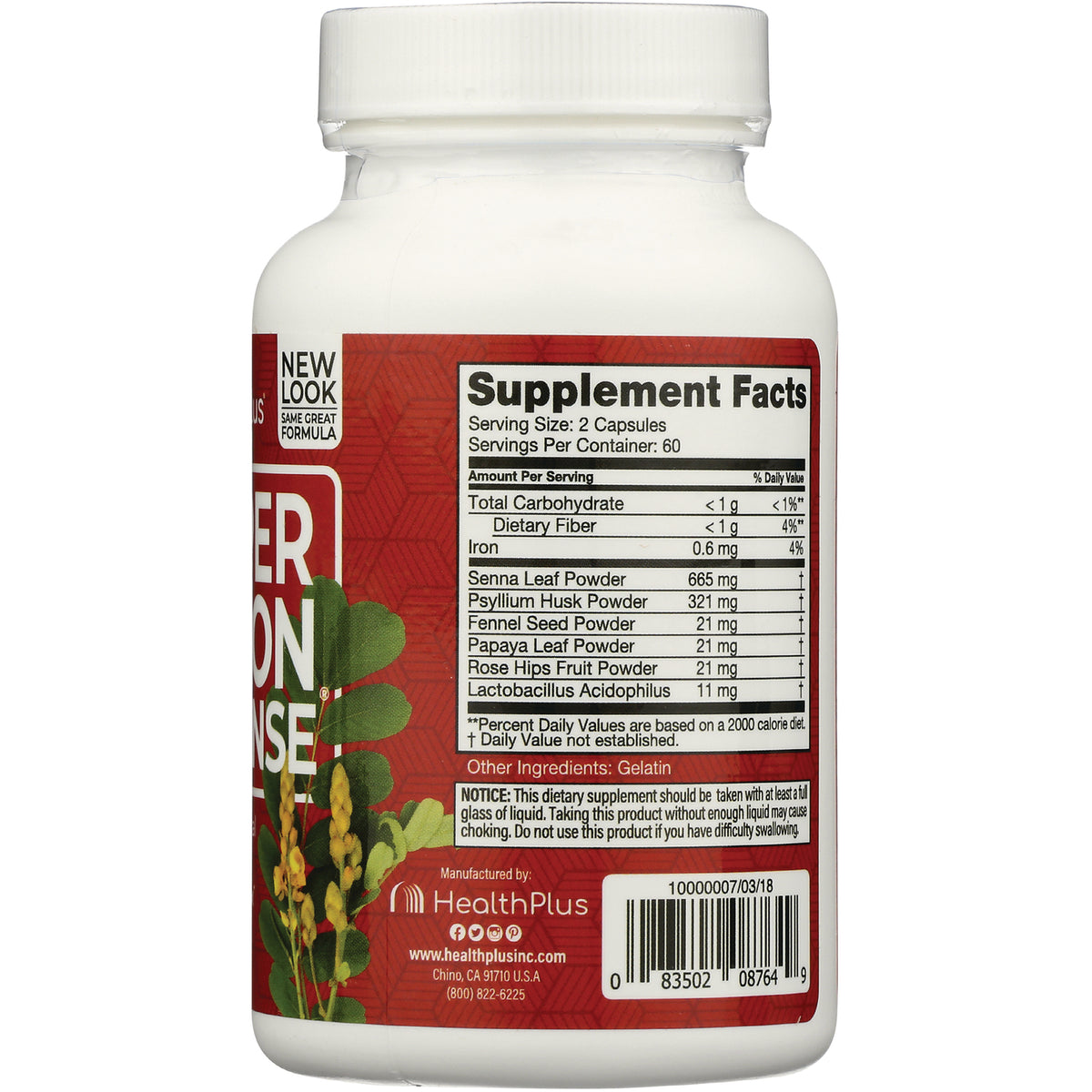 HP011 | back label showing Supplement Facts panel, ingredient list and barcode on white supplement bottle