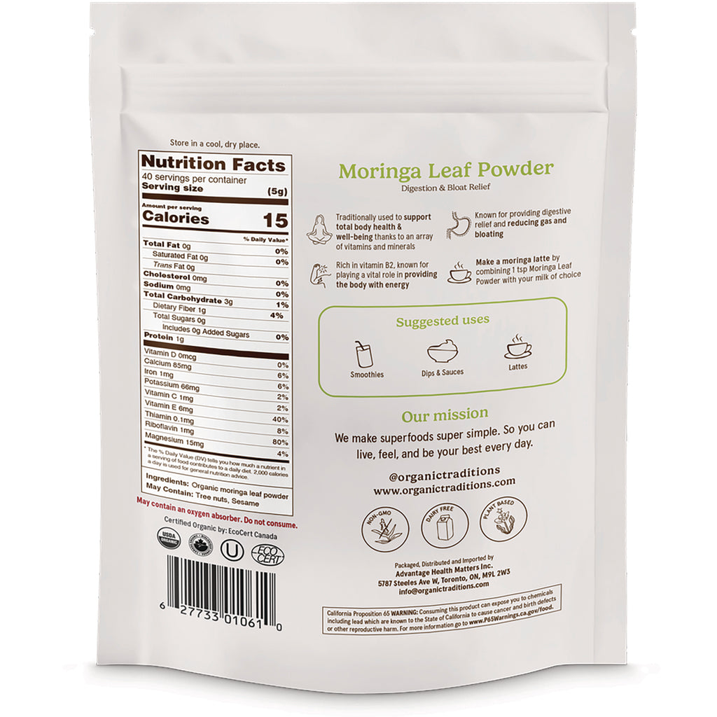 OTR102 | Back of resealable pouch of Moringa Leaf Powder showing nutrition facts, suggested uses, mission, and barcode - Thumbnail