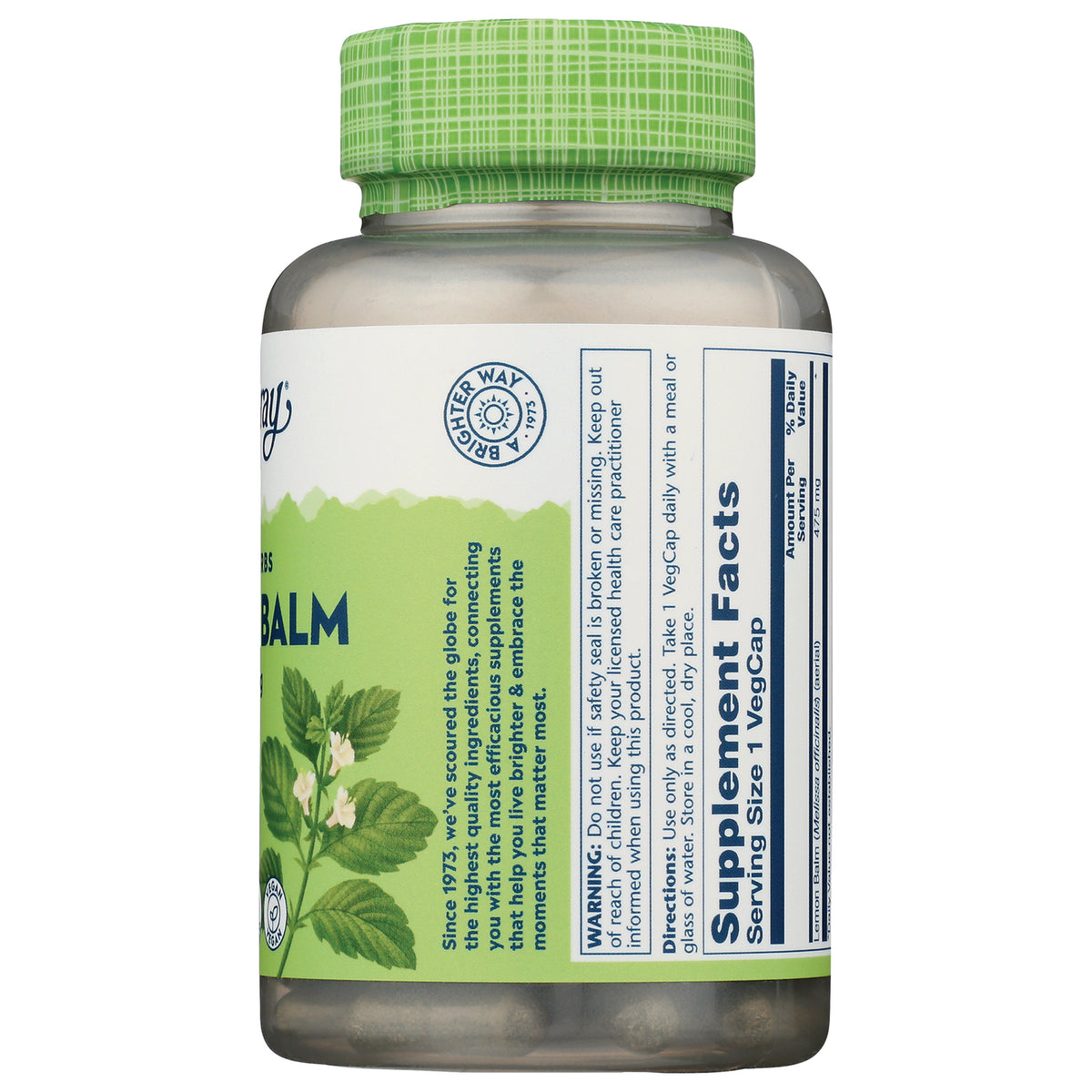 SLR369 | Back of supplement bottle showing Supplement Facts panel, green cap, and plant illustration