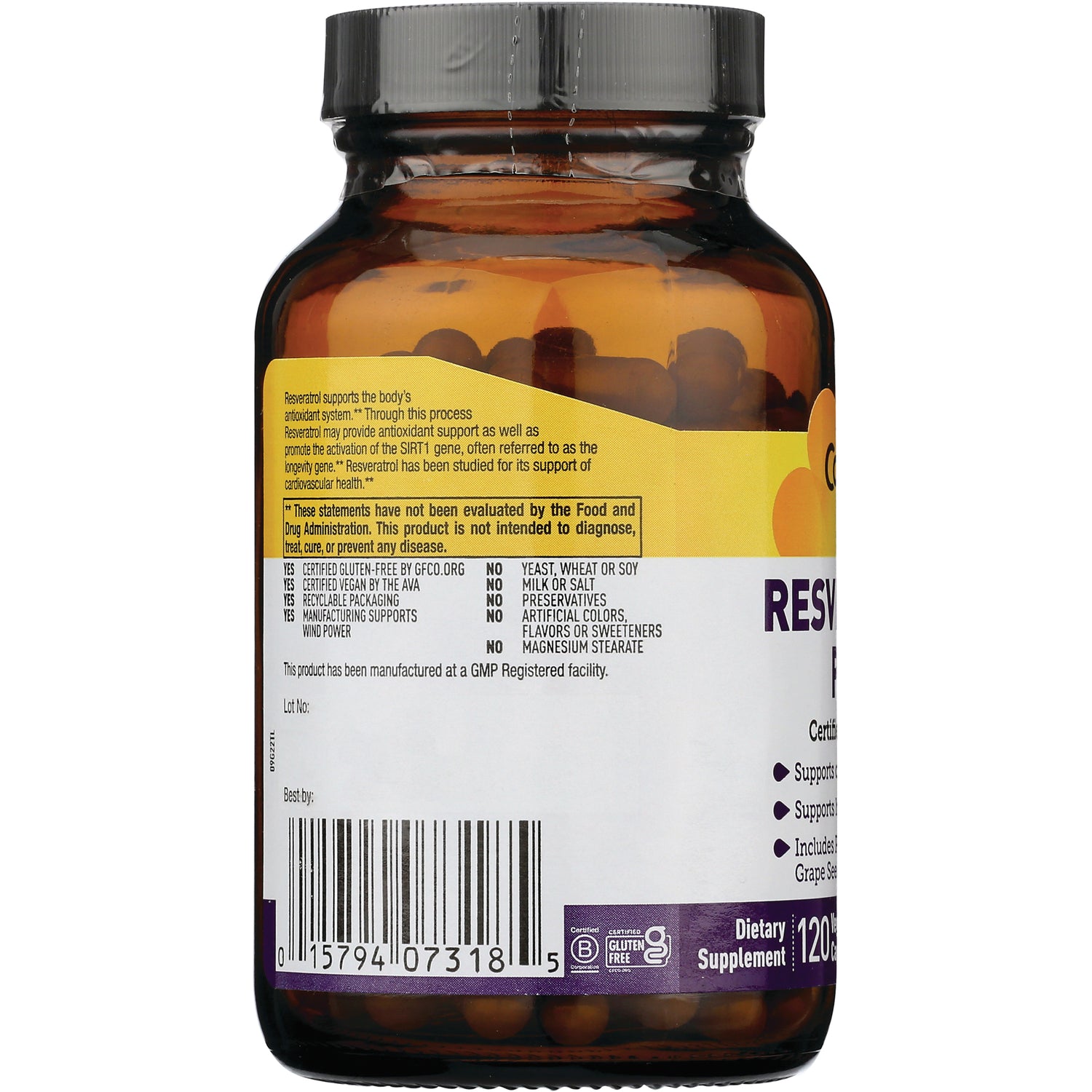 CRL396 | Back of amber supplement bottle showing label with ingredient and warning text and barcode