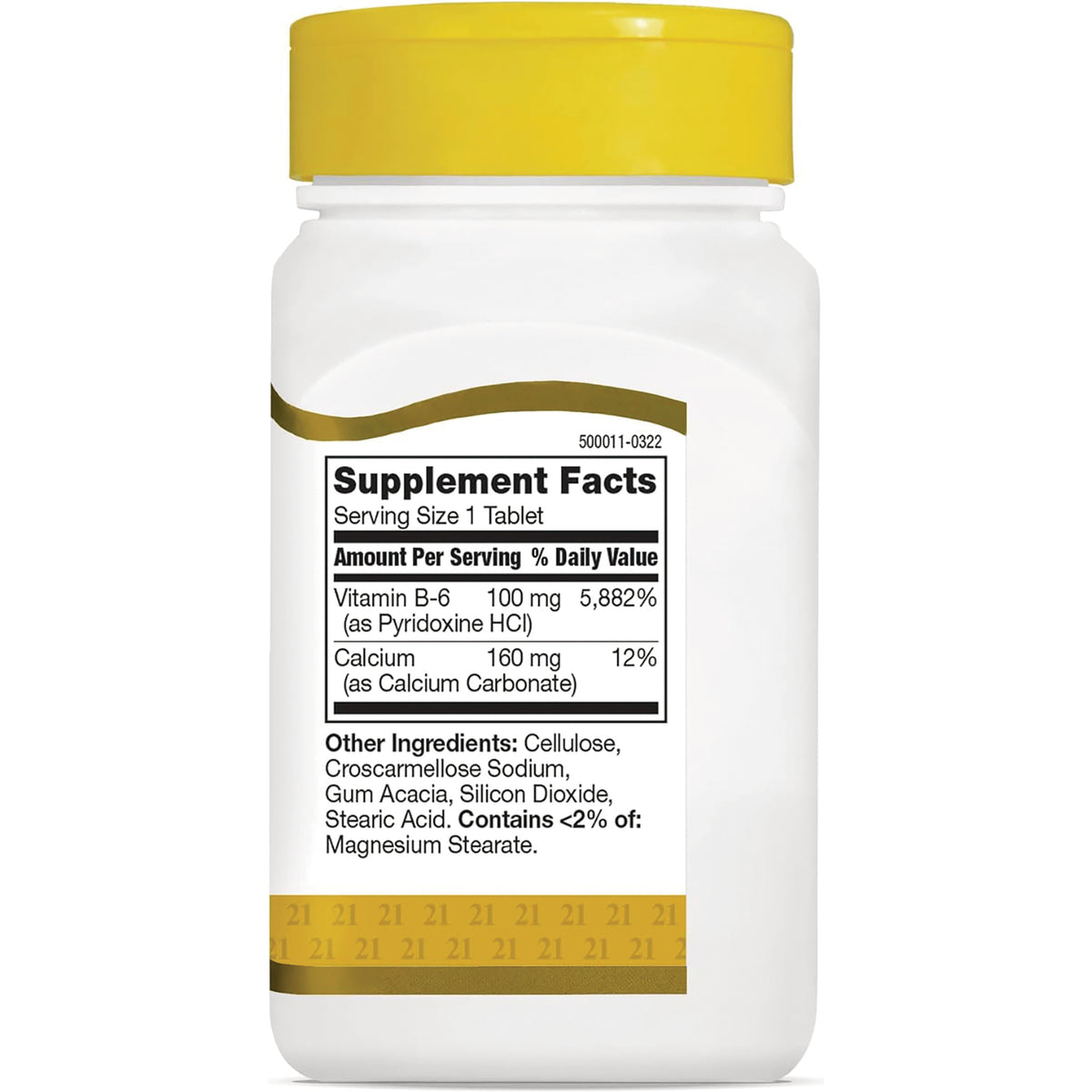 CNT170 | Back of white supplement bottle showing Supplement Facts panel listing Vitamin B-6 100 mg 5,882% and Calcium 160 mg 12%, plus other ingredients