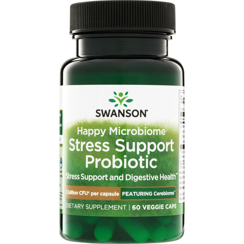 SWA056 | Swanson Happy Microbiome Stress Support Probiotic, 60 veggie caps, 3 billion CFU per capsule, featuring Cerebiome - Thumbnail