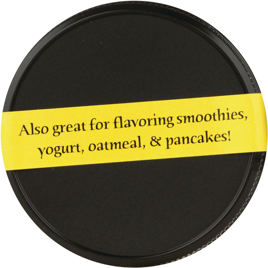 SDV002 | Round black jar lid with yellow diagonal label reading Also great for flavoring smoothies, yogurt, oatmeal, & pancakes! - Thumbnail