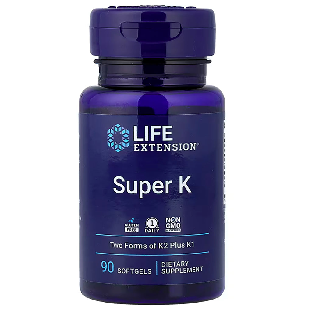 LE472 | Blue Life Extension Super K bottle front label showing Super K, Two Forms of K2 Plus K1, 90 softgels dietary supplement - Thumbnail