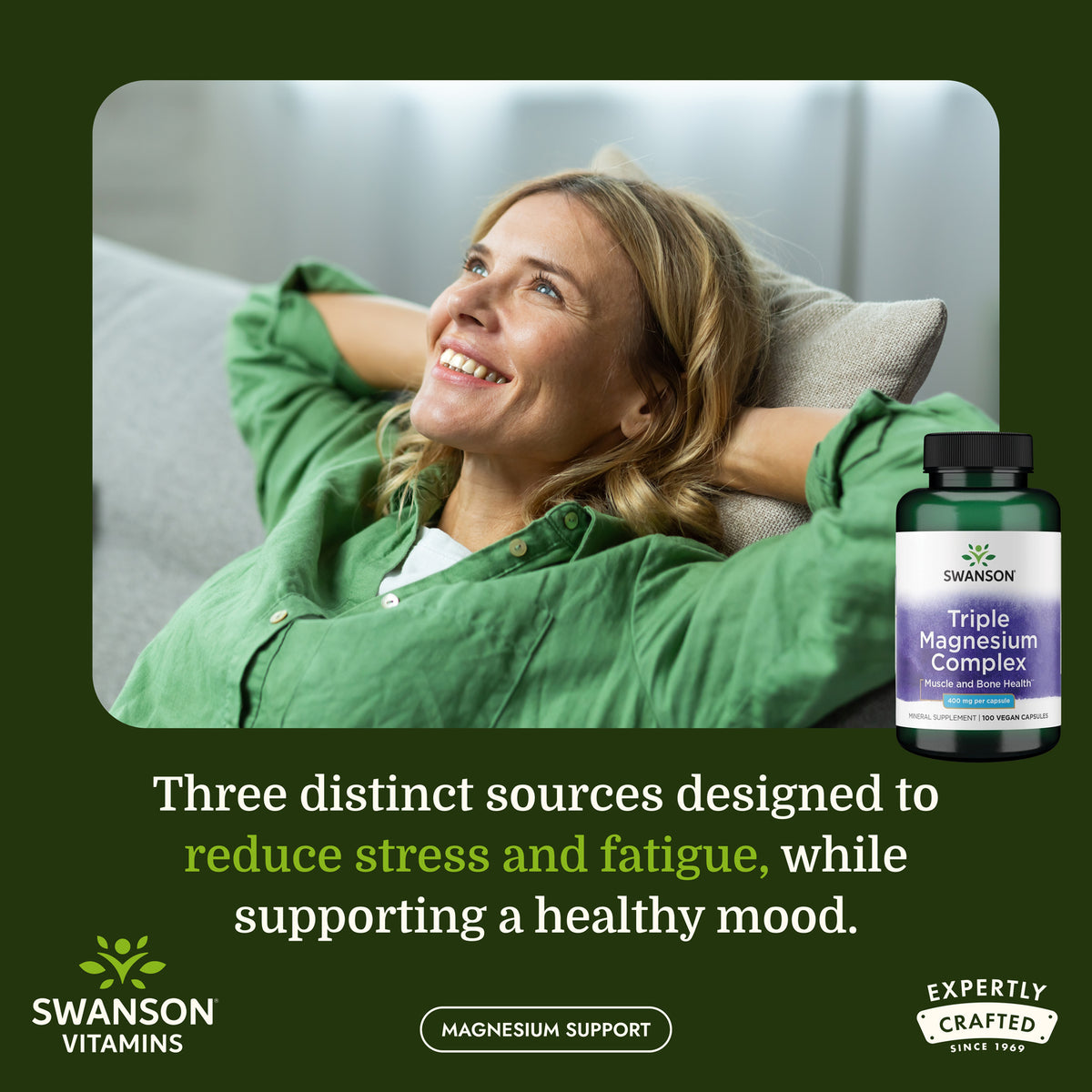 SW808 | Woman relaxing on a couch beside Swanson Triple Magnesium Complex bottle with stress support message