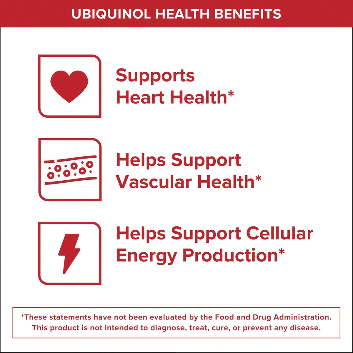 QNL003 | Product infographic with text Supports Heart Health, Helps Support Vascular Health, and Helps Support Cellular Energy Production
