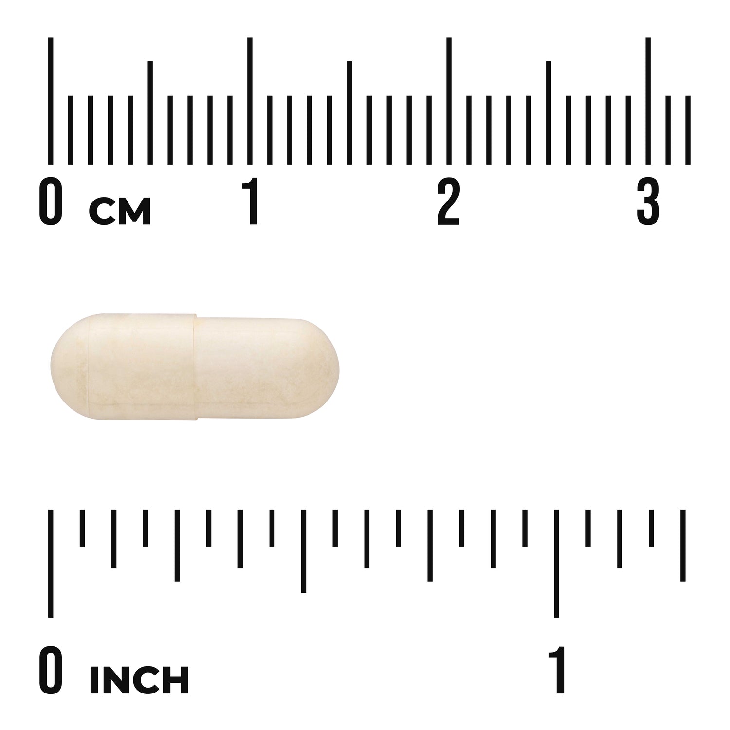 SWU758 | Beige capsule with size reference against cm and inch rulers