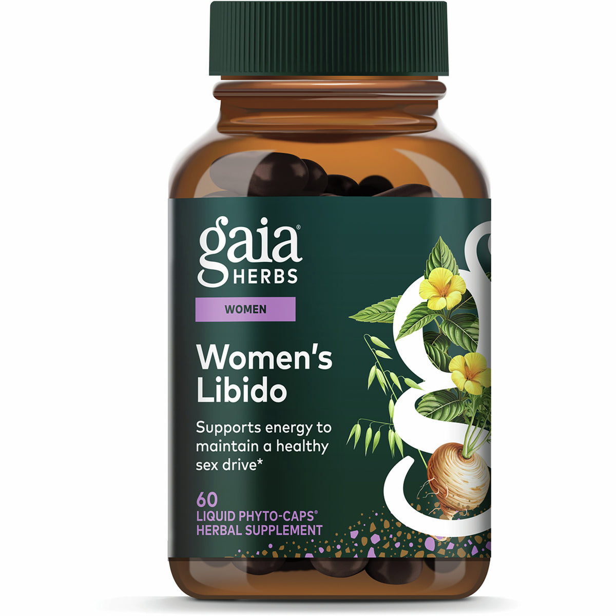 GH025 | Gaia Herbs Women's Libido supplement box with yellow flower, 60 vegan liquid phyto-caps