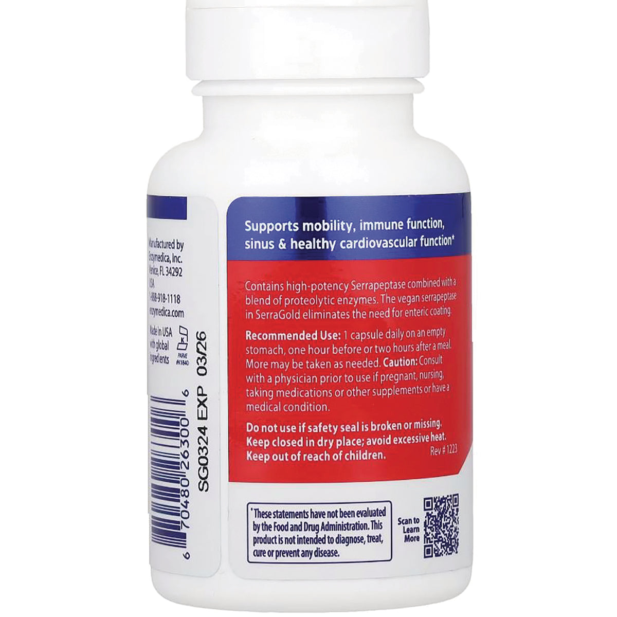 EMD024 | Back label of white supplement bottle showing recommended use, warnings, barcode and QR code