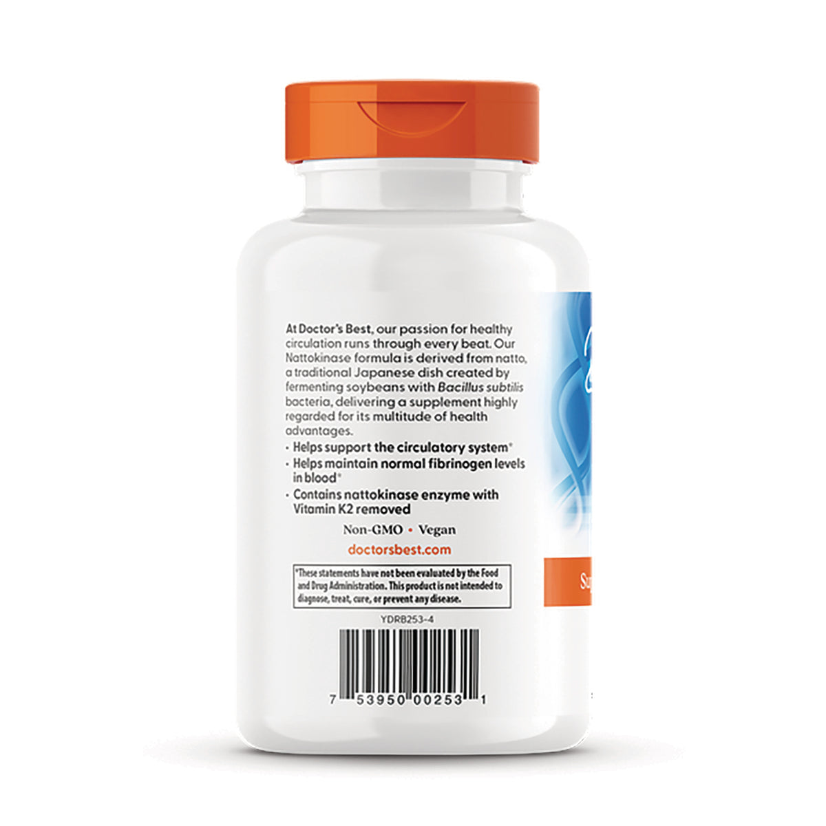 DB174 | Back of white supplement bottle with orange cap showing product description, bulleted benefits, doctorsbest.com and barcode