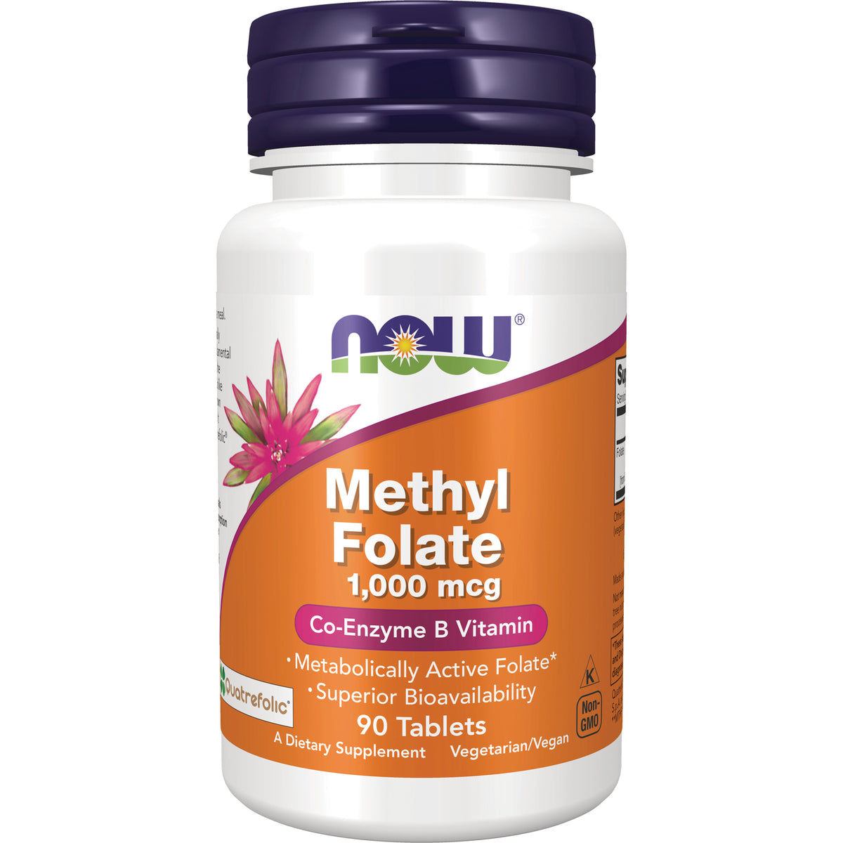 NWF1284 | NOW Methyl Folate 1,000 mcg supplement bottle with orange label, 90 tablets