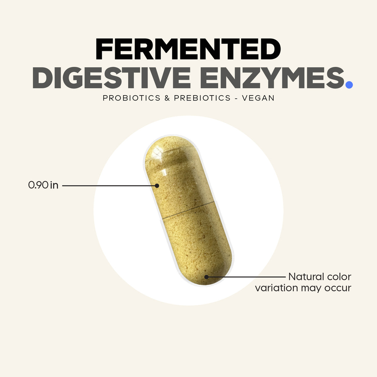 CDG037 | Fermented digestive enzymes capsule infographic showing 0.90 in size and natural color variation may occur