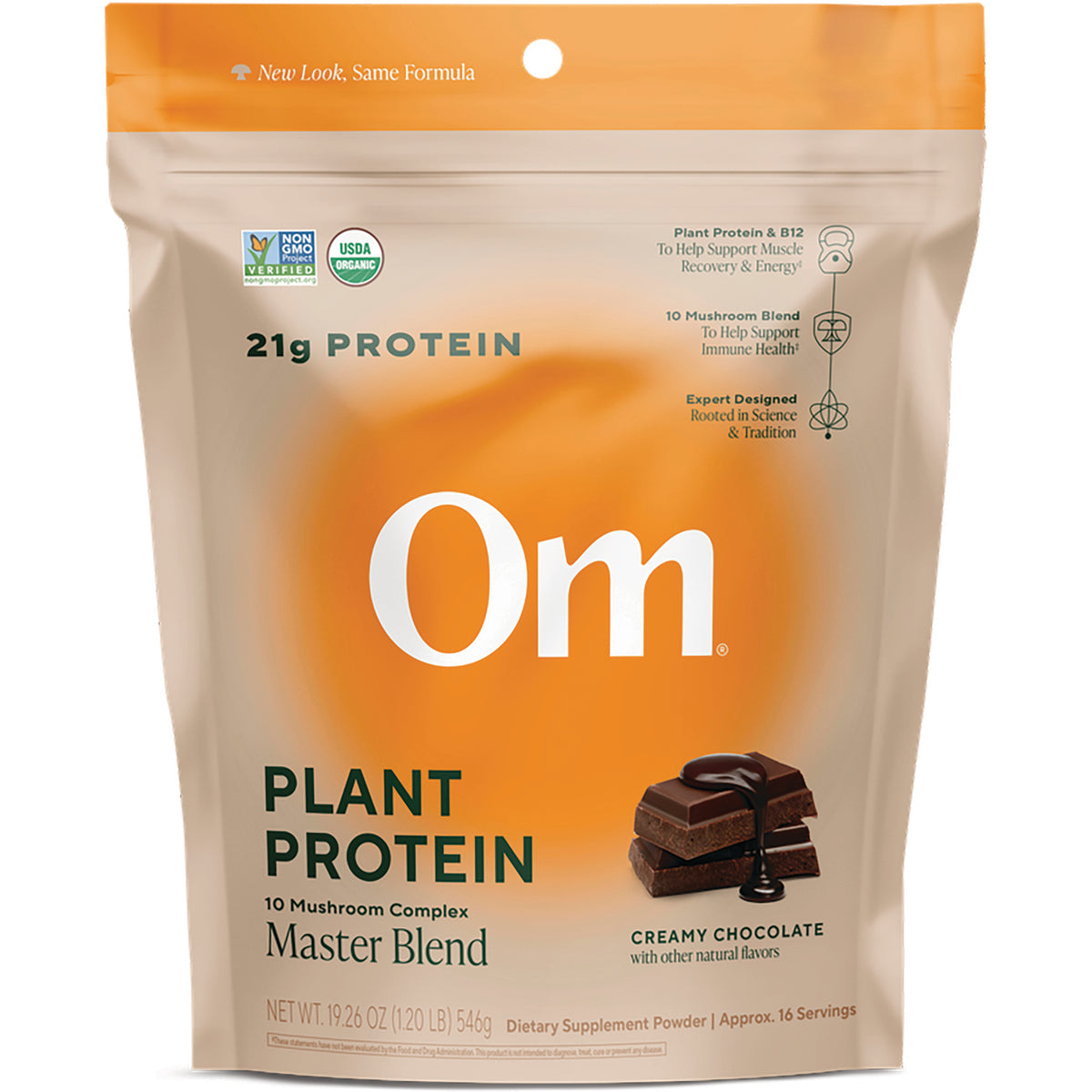 MMX049 | Om Master Blend plant protein creamy chocolate pouch front showing brand, protein amounts, and badge icons