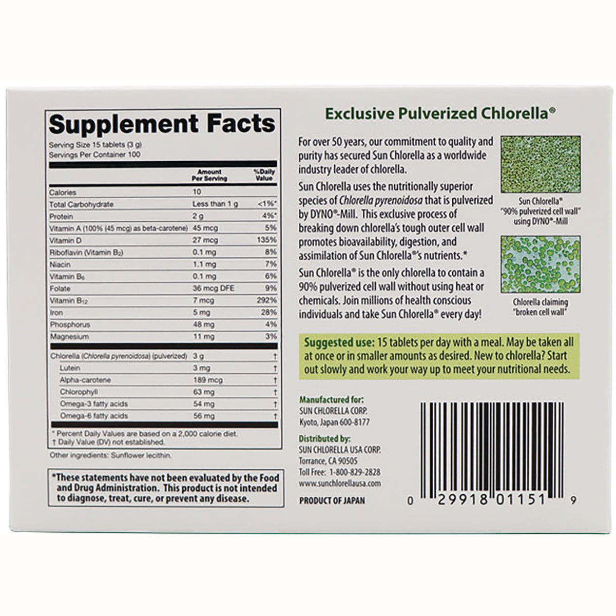 SU007 | Back of Sun Chlorella packaging showing Supplement Facts, Exclusive Pulverized Chlorella info, suggested use, and barcode