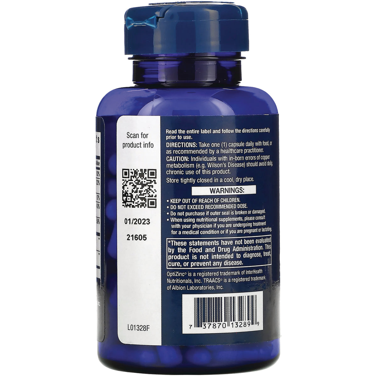 LE246 | Back of blue supplement bottle showing label with directions, warnings, QR code and barcode