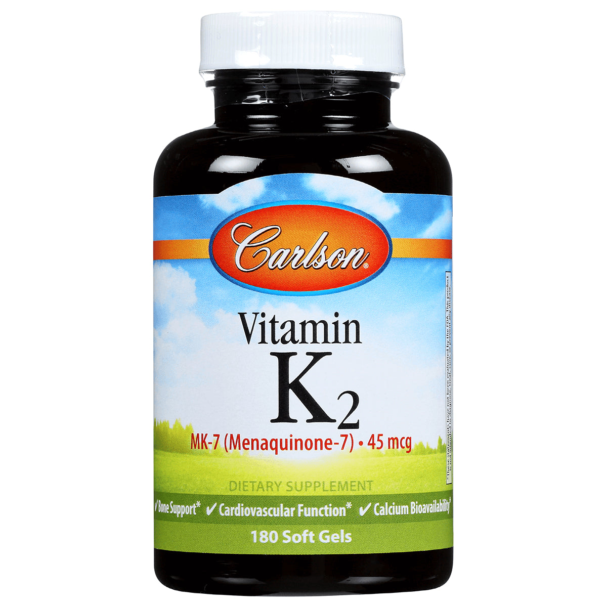 CSN217 | Carlson Vitamin K2 MK-7 45 mcg dietary supplement bottle, 180 soft gels