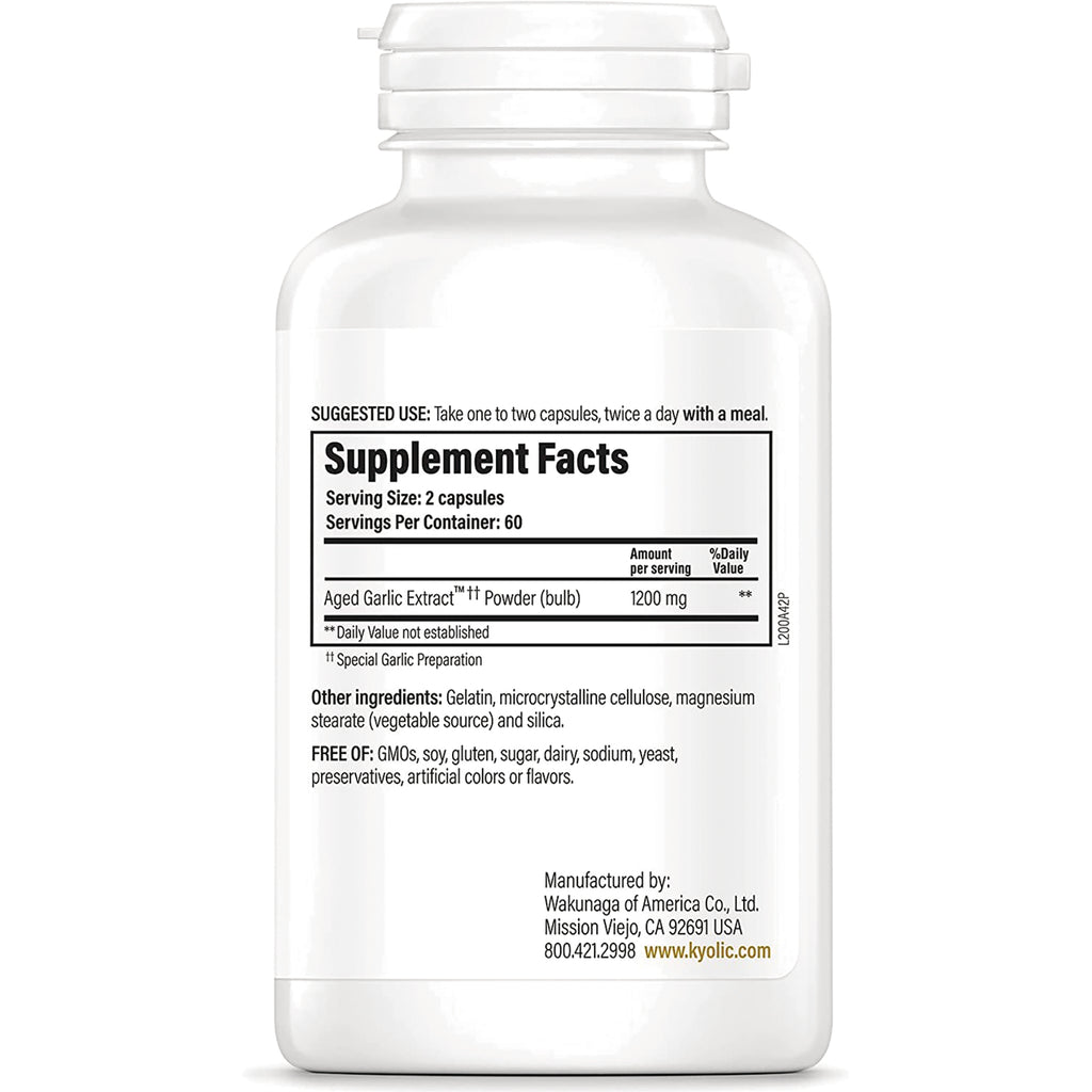 KY068 | Back of white supplement bottle showing Supplement Facts panel, serving size 2 capsules and Aged Garlic Extract 1200 mg - Thumbnail