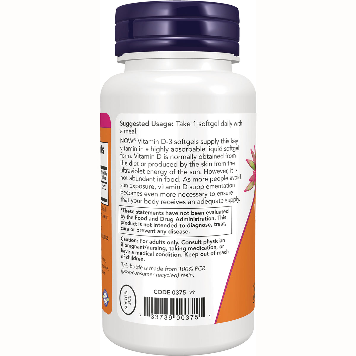 NWF514 | back label of white supplement bottle showing suggested usage Take 1 softgel daily, caution text, and barcode