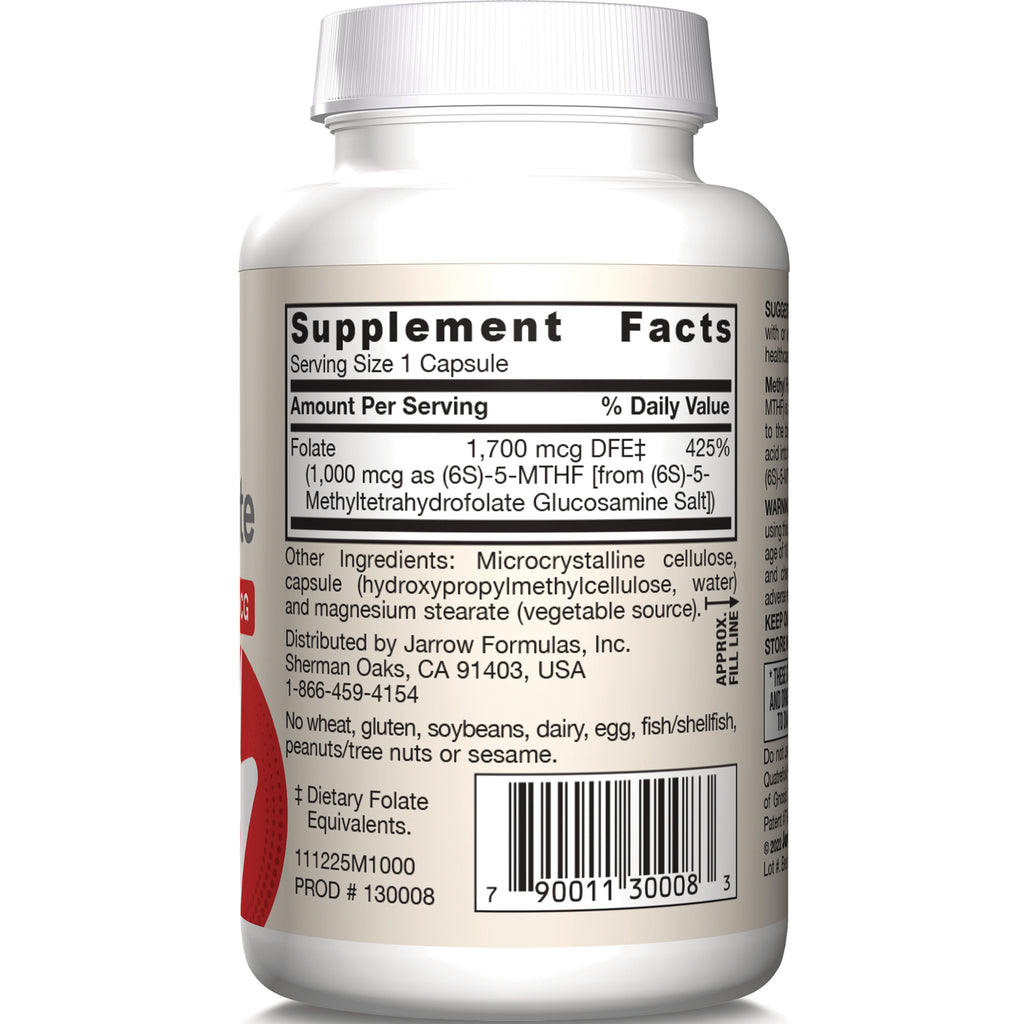 JR285 | back label showing Supplement Facts panel, folate amount, ingredients list and barcode on white bottle - Thumbnail