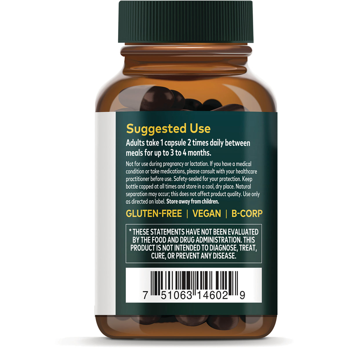 GH093 | Brown supplement bottle back showing Supplement Facts panel and herbal extract ingredients list