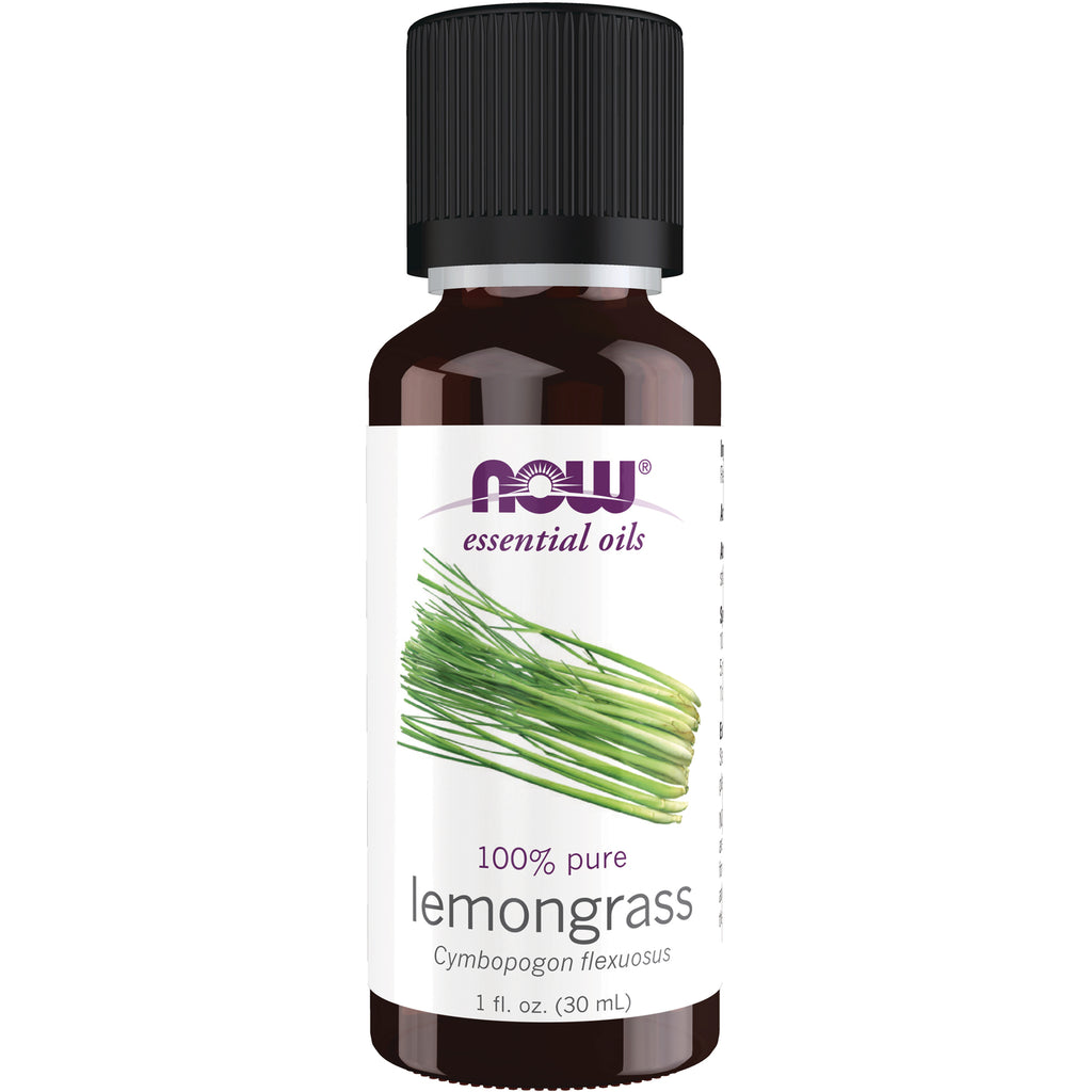 NWF1125 | NOW essential oils lemongrass 1 fl oz amber bottle with black cap and label showing lemongrass - Thumbnail