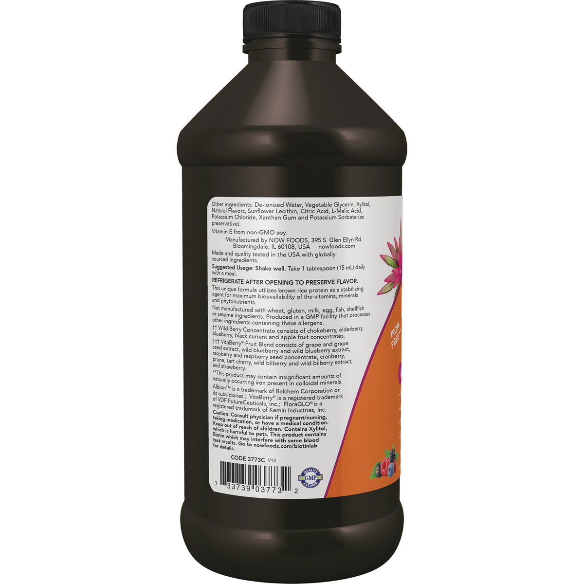 NWF437 | Back label of dark bottle showing ingredients, directions, barcode and small fruit illustration