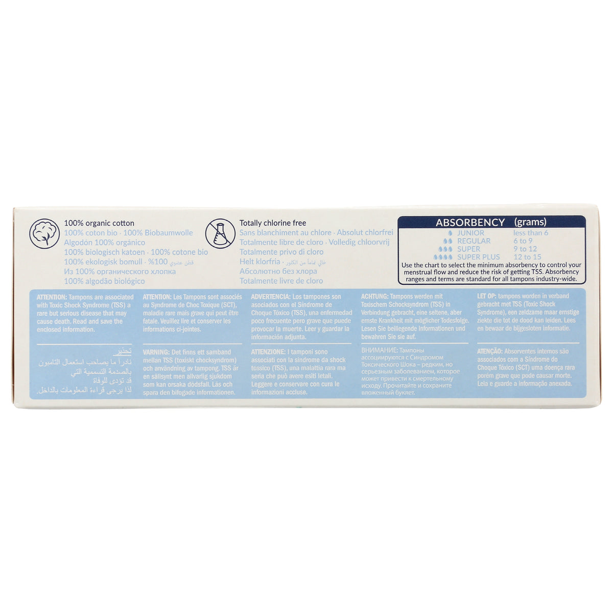 NCR003 | back of tampon box showing absorbency chart, 100% organic cotton label and multilingual warnings