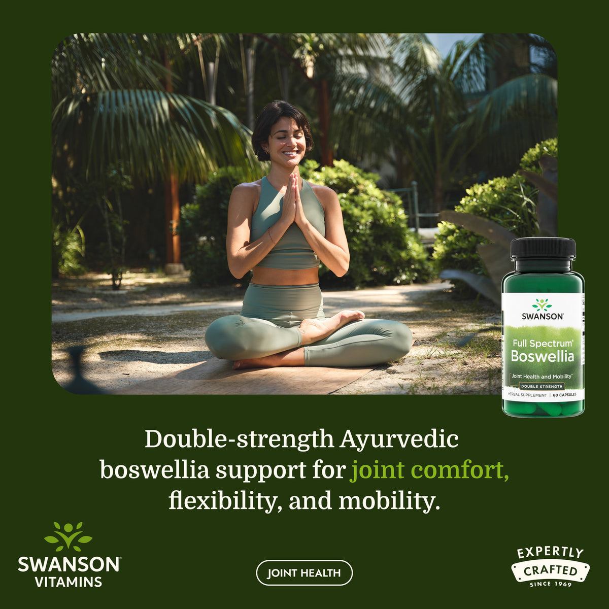 SW1589 | Woman meditating outdoors beside a Swanson Boswellia bottle, with text about joint comfort and mobility