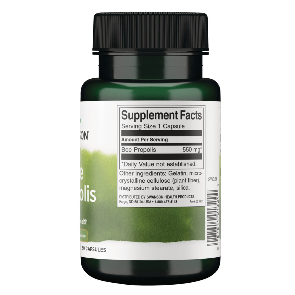 SW324 | Back label with Supplement Facts for Bee Propolis 550 mg, ingredients list, and barcode - Thumbnail