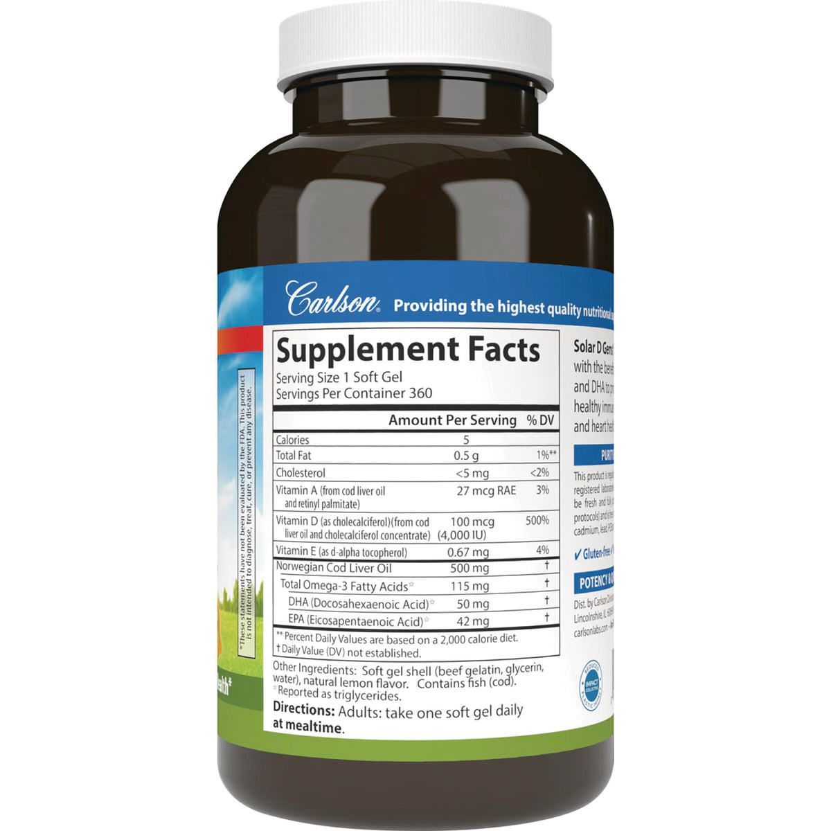CSN181 | Back label showing Supplement Facts panel and nutrition facts for cod liver oil soft gels
