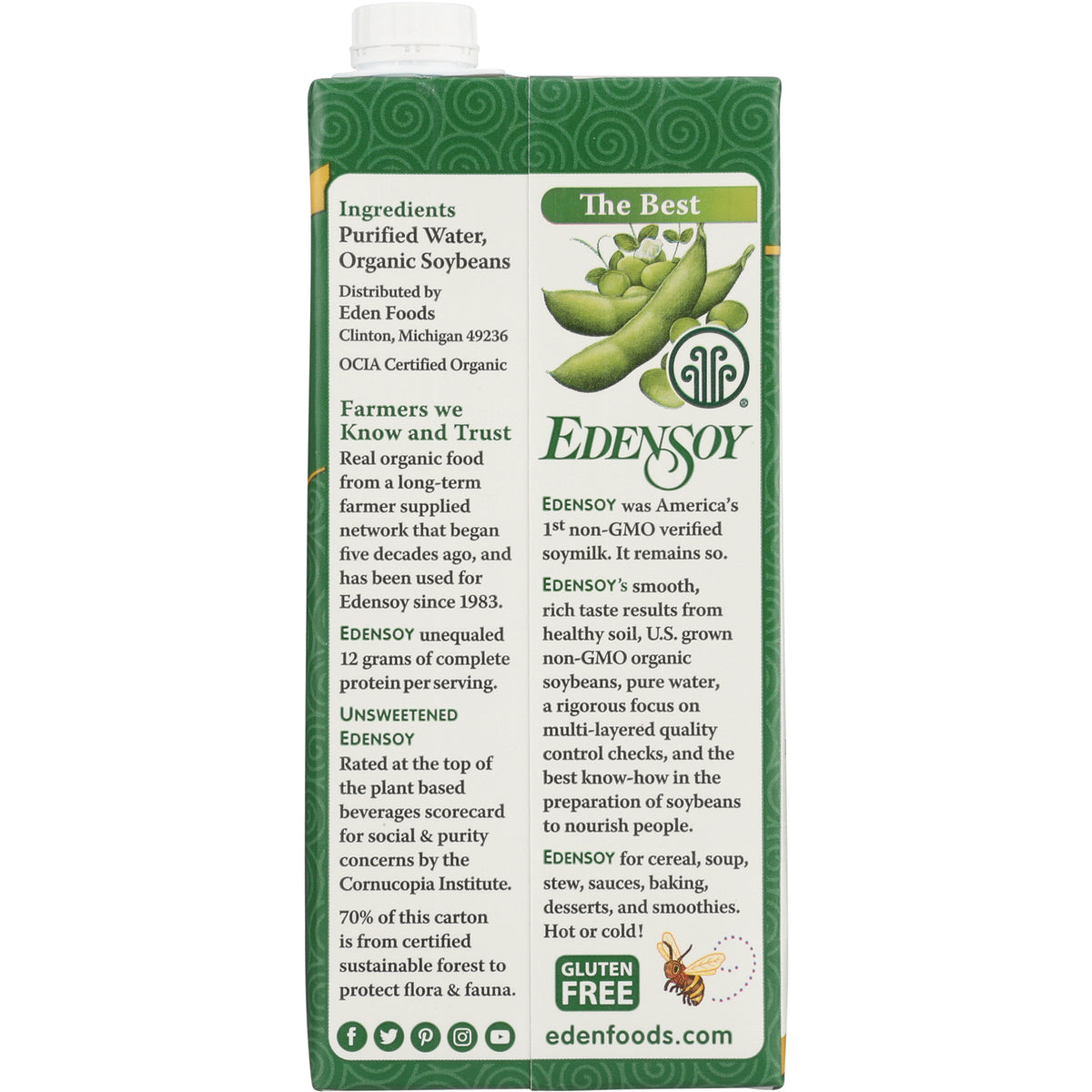 EDF061 | back of Edensoy carton showing ingredients, company information, Edensoy logo, gluten free label and edenfoods.com
