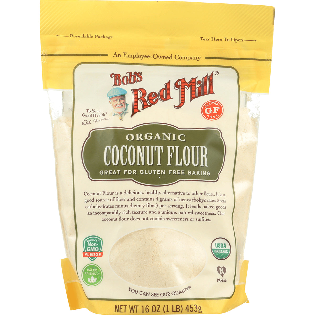 BOB272 | Bob's Red Mill organic coconut flour front pouch with clear window, 16 oz