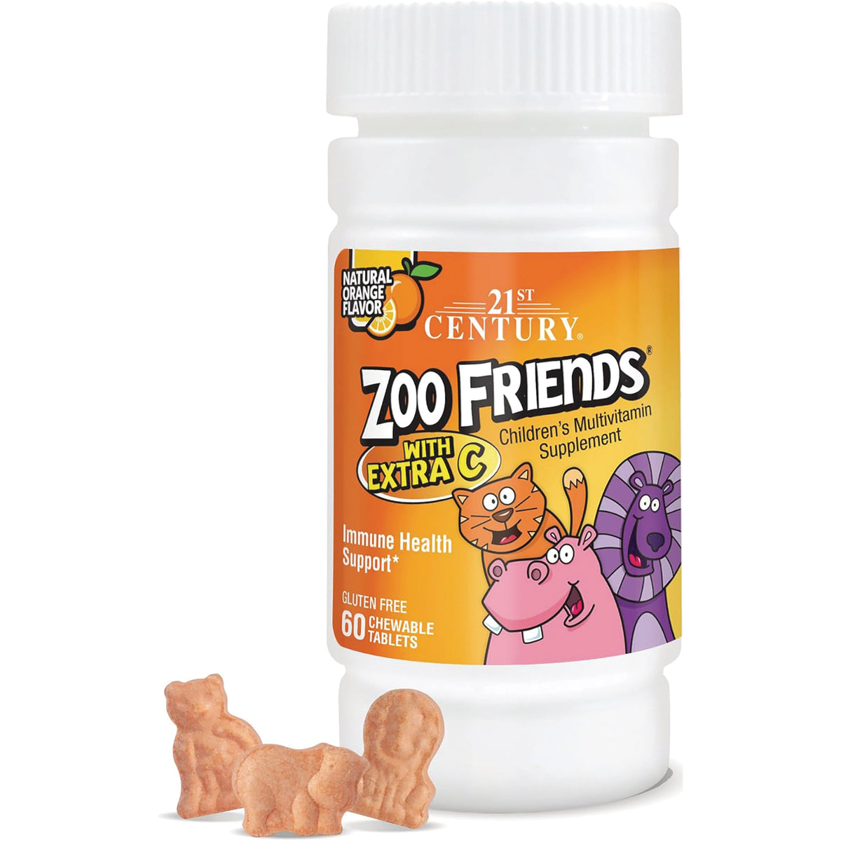 CNT224 | Bottle front of Zoo Friends children's multivitamin with extra C, natural orange flavor, 60 chewable animal-shaped tablets