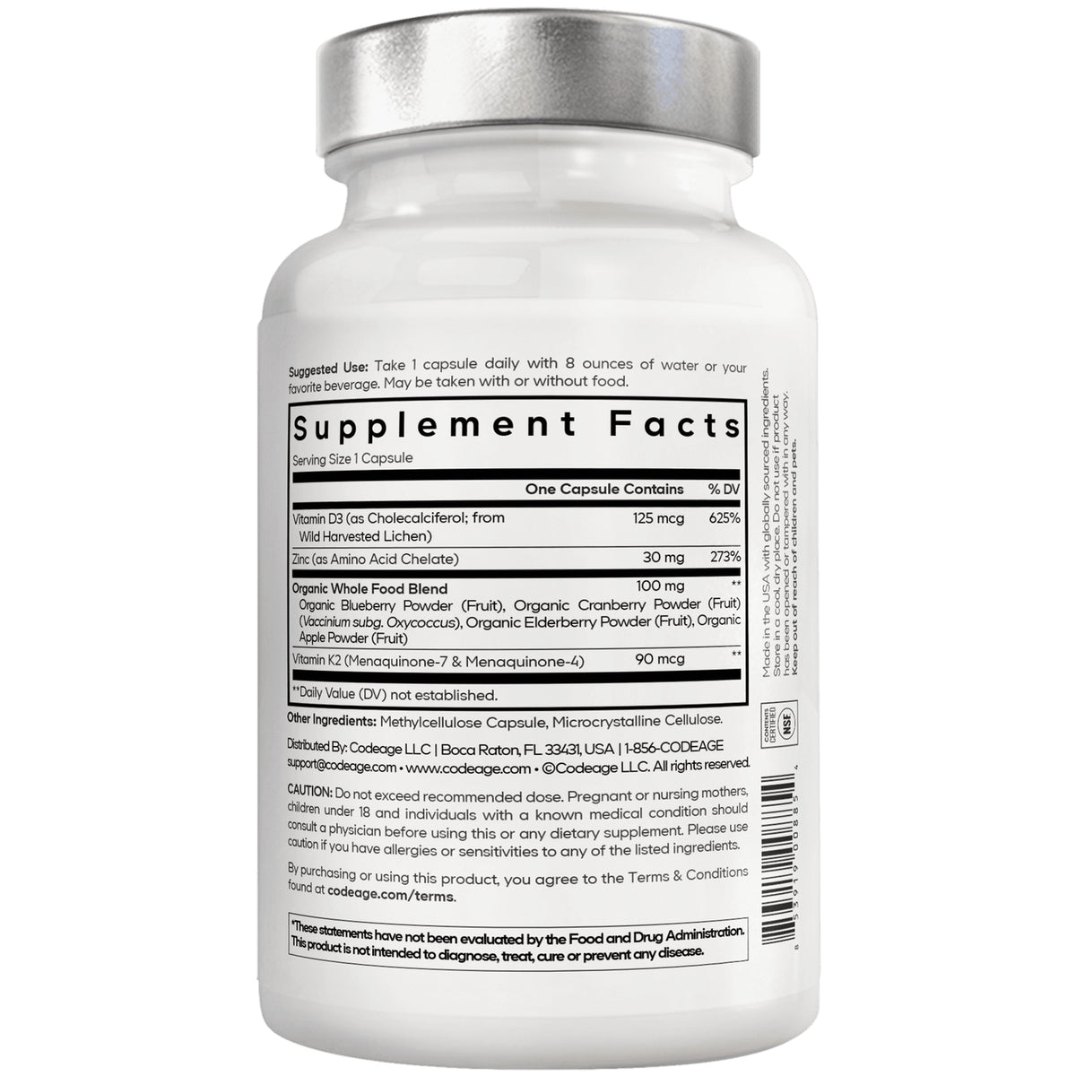 CDG048 | Back of white supplement bottle showing Supplement Facts panel, serving size, ingredients and barcode