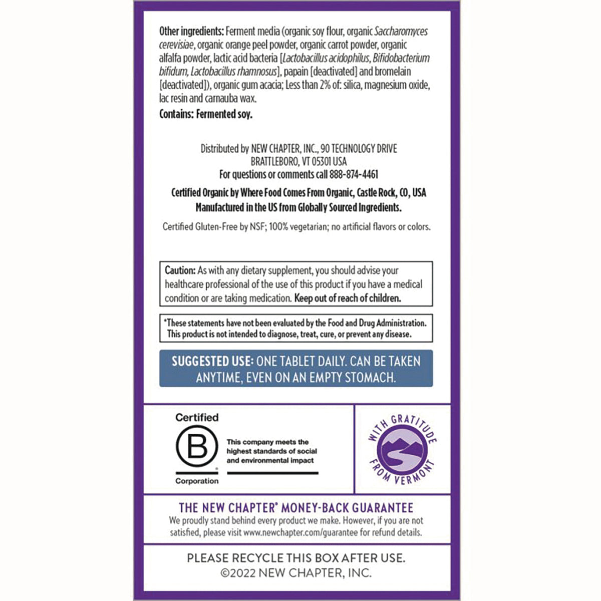 NWC320 | back of supplement box showing ingredients, caution, suggested use, certification seals and recycle notice