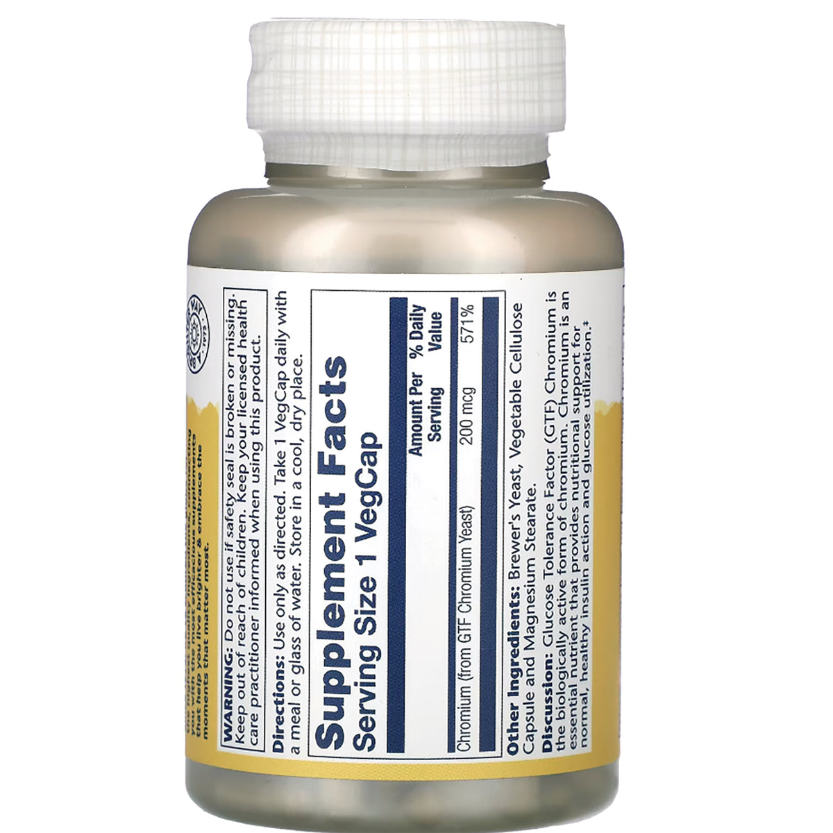 SLR252 | Back label with Supplement Facts: Chromium (from GTF Chromium Yeast) 200 mcg, serving size 1 VegCap