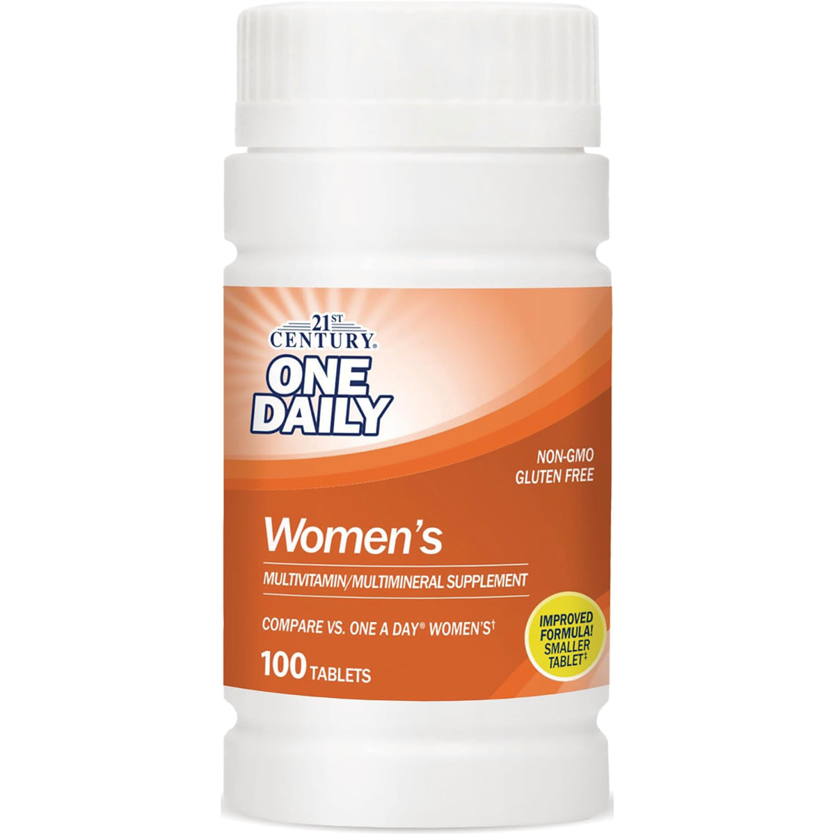 CNT219 | White bottle with orange label reading ONE DAILY Women's multivitamin, 100 tablets