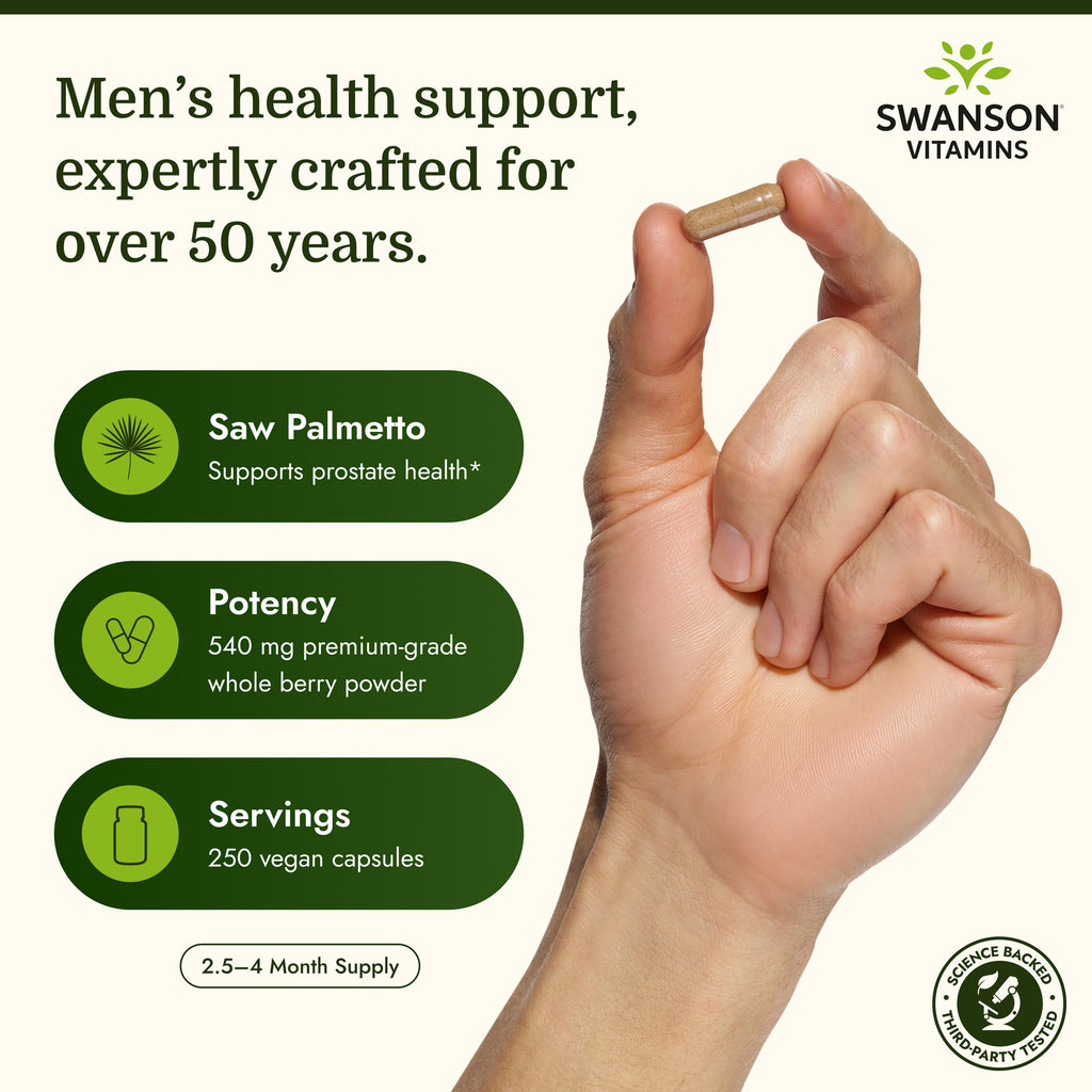 SW910 | Prostate support herbal formula banner with Swanson Saw Palmetto bottle and benefits list - Thumbnail