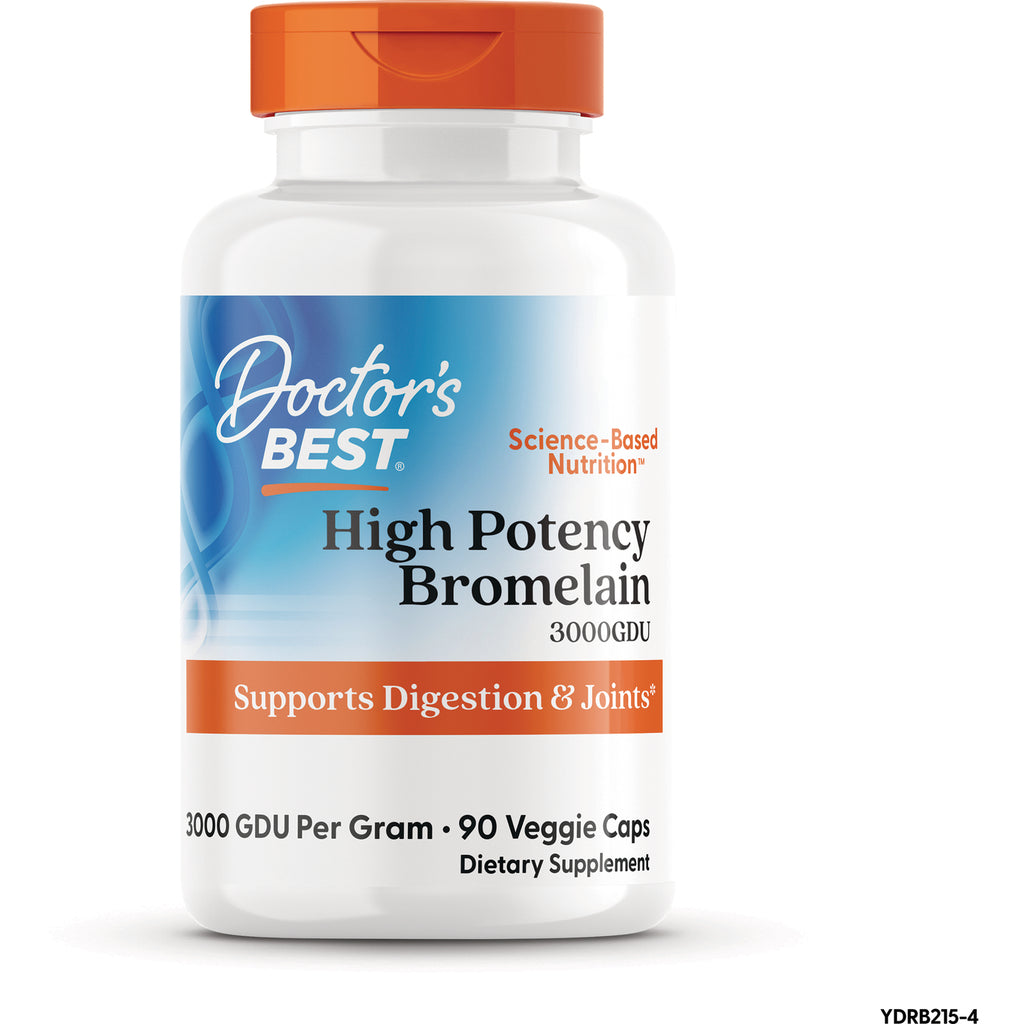 DB195 | Doctor's Best High Potency Bromelain bottle with orange cap, label reads Supports Digestion & Joints and 3000 GDU, 90 veggie caps - Thumbnail