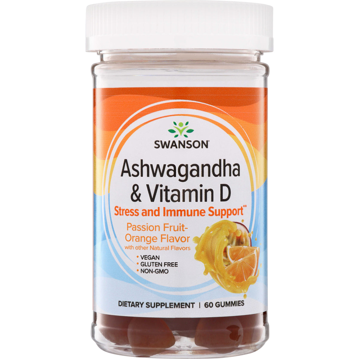 SW1924 | Swanson Ashwagandha & Vitamin D gummies, Stress and Immune Support, Passion Fruit-Orange flavor, 60 gummies