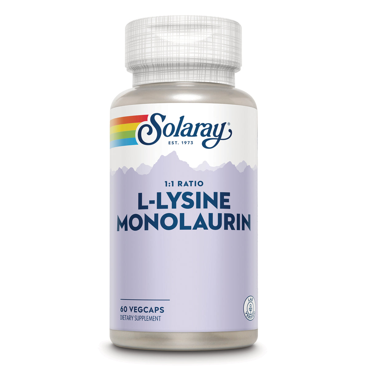 SLR547 | Solaray L-Lysine Monolaurin dietary supplement bottle, 60 vegcaps