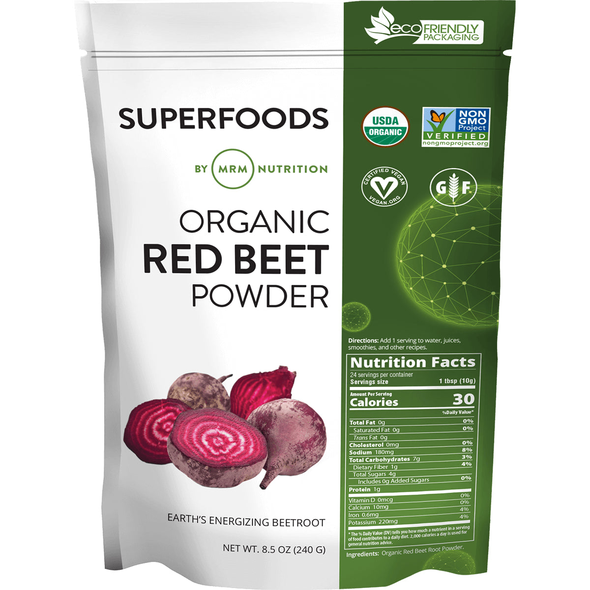 MRM050 | Front pouch of MRM Superfoods organic red beet powder showing product name, beet illustration, and nutrition facts