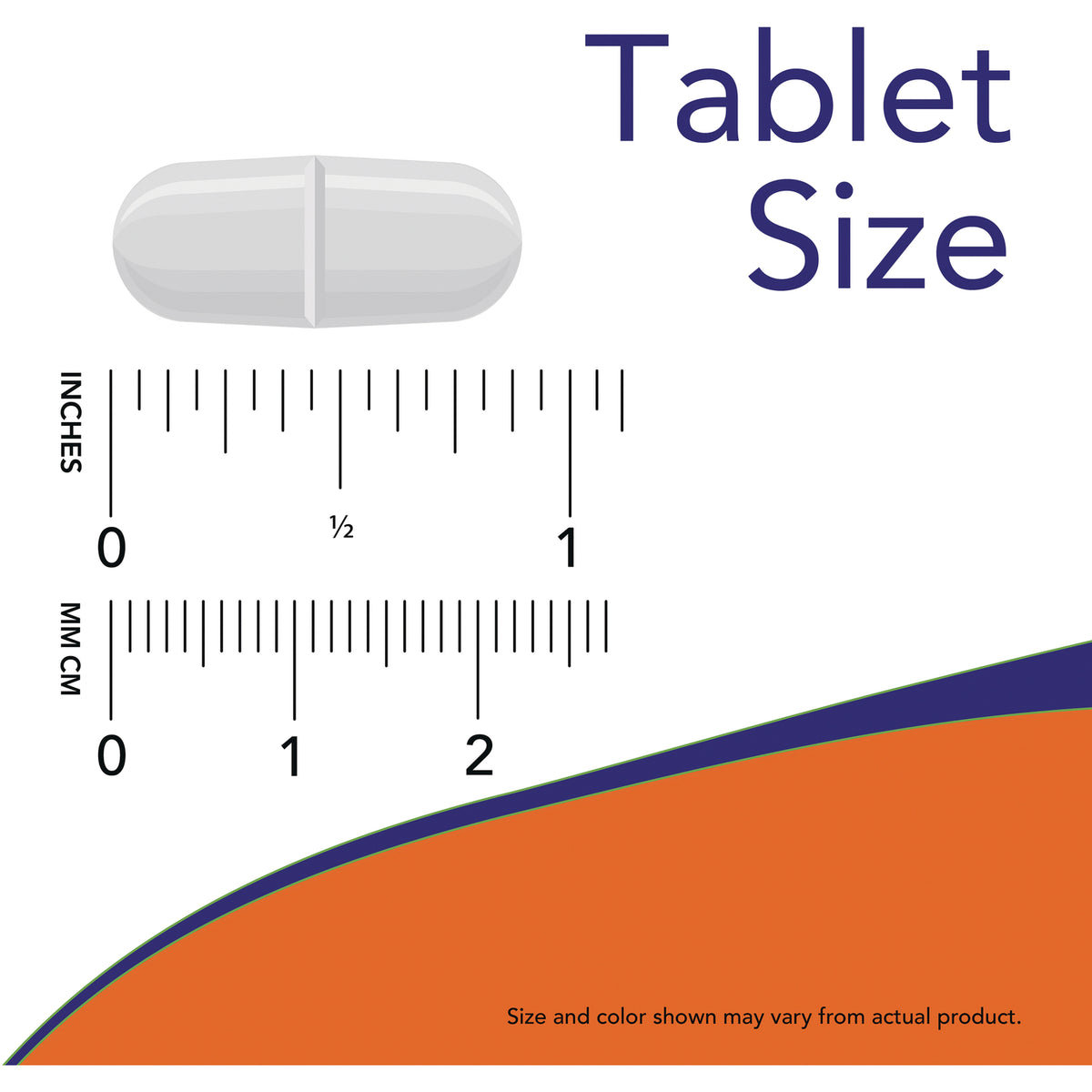 NWF256 | White scored oblong tablet above inch and millimeter rulers labeled Tablet Size