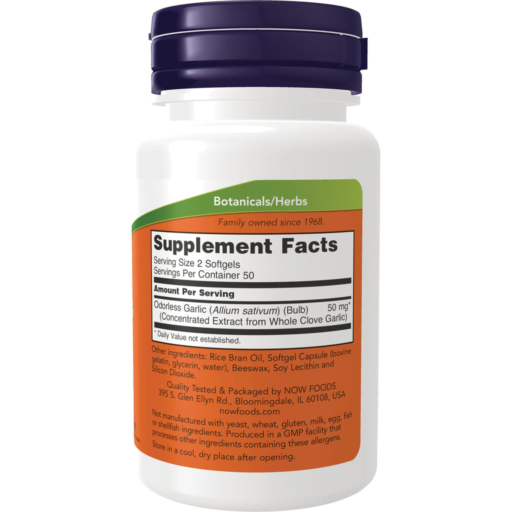 NWF695 | back of white supplement bottle with Supplement Facts panel listing odorless garlic 50 mg and ingredients - Thumbnail