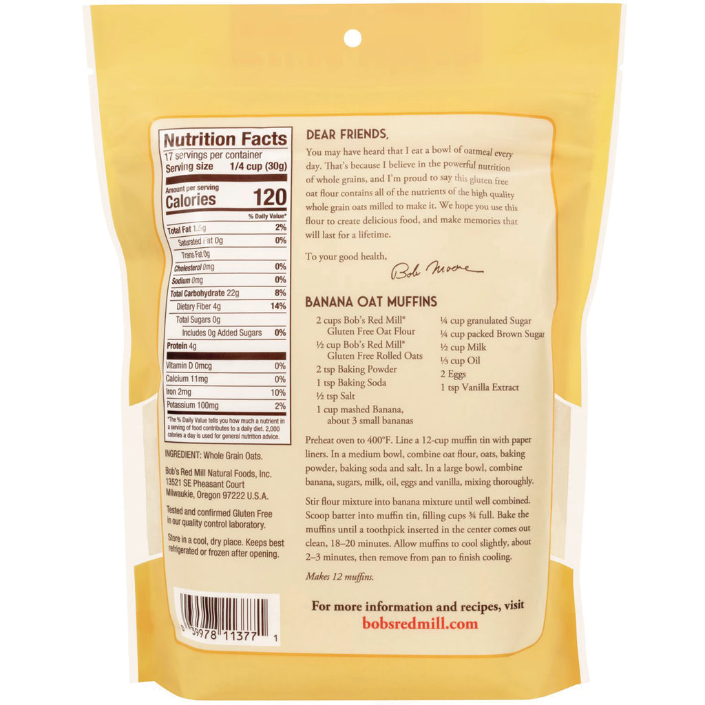 BOB431 | Back of yellow Bob's Red Mill package showing nutrition facts, ingredient list, banana oat muffins recipe and barcode - Thumbnail