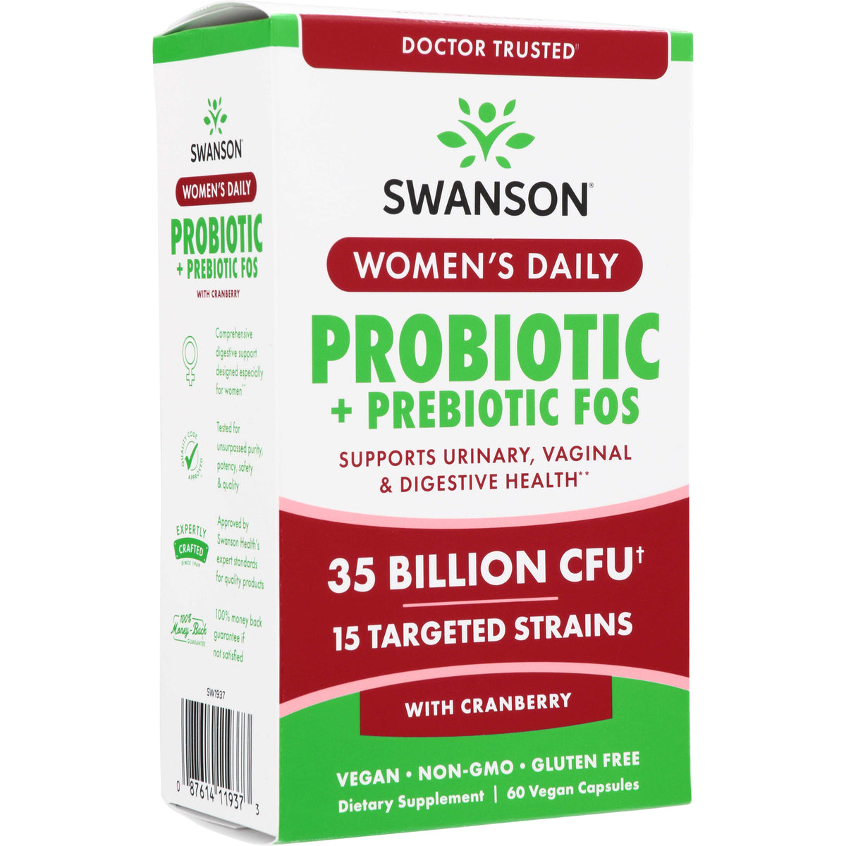 SW1937 | Swanson Women's Daily Probiotic + Prebiotic FOS with Cranberry, 35 Billion CFU, 15 Strains, 60 Vegan Capsules